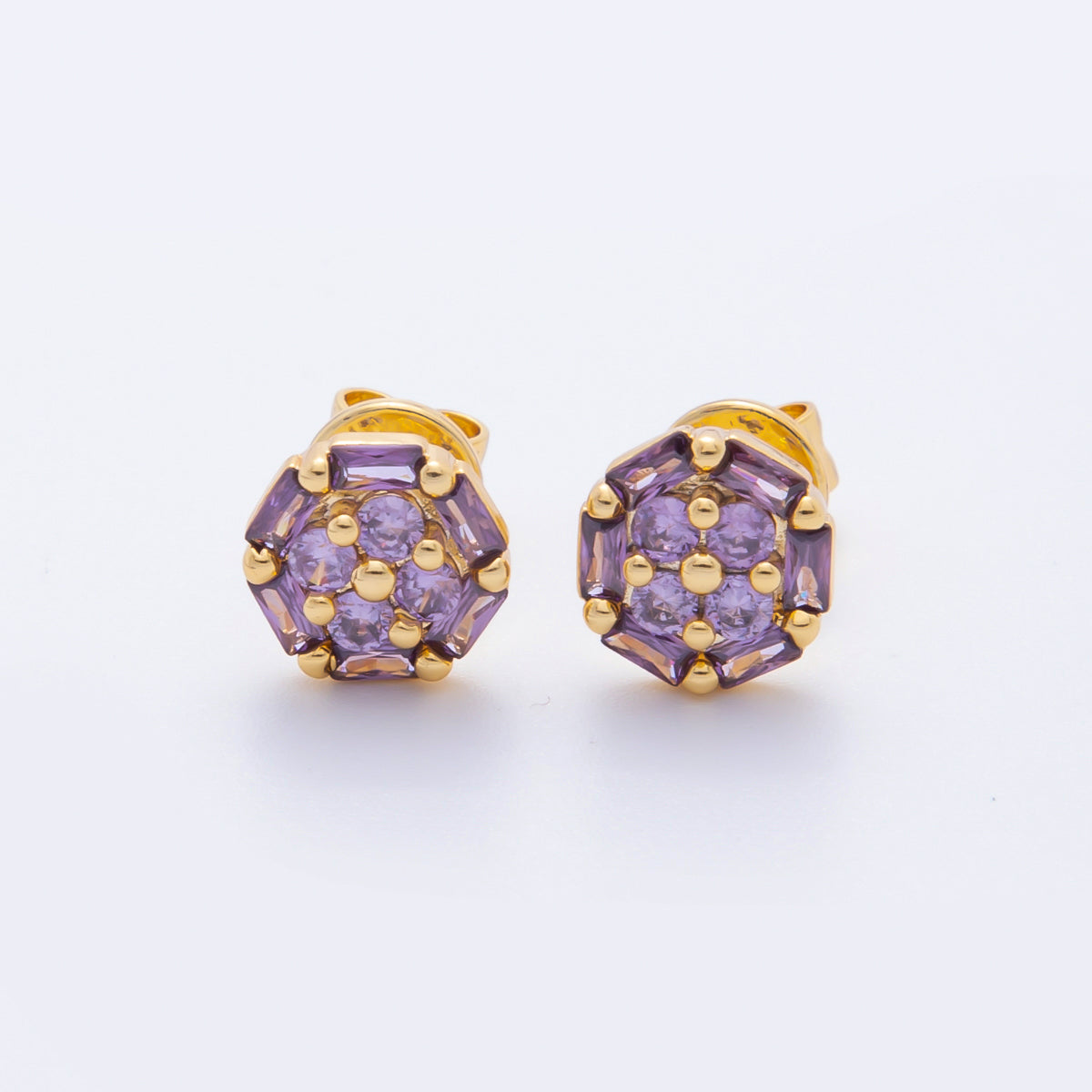 18K Gold Filled 8.8mm Clear, Purple, Pink Micro Paved CZ Baguette Round Stud Earrings | AJ274 AJ204 AJ206