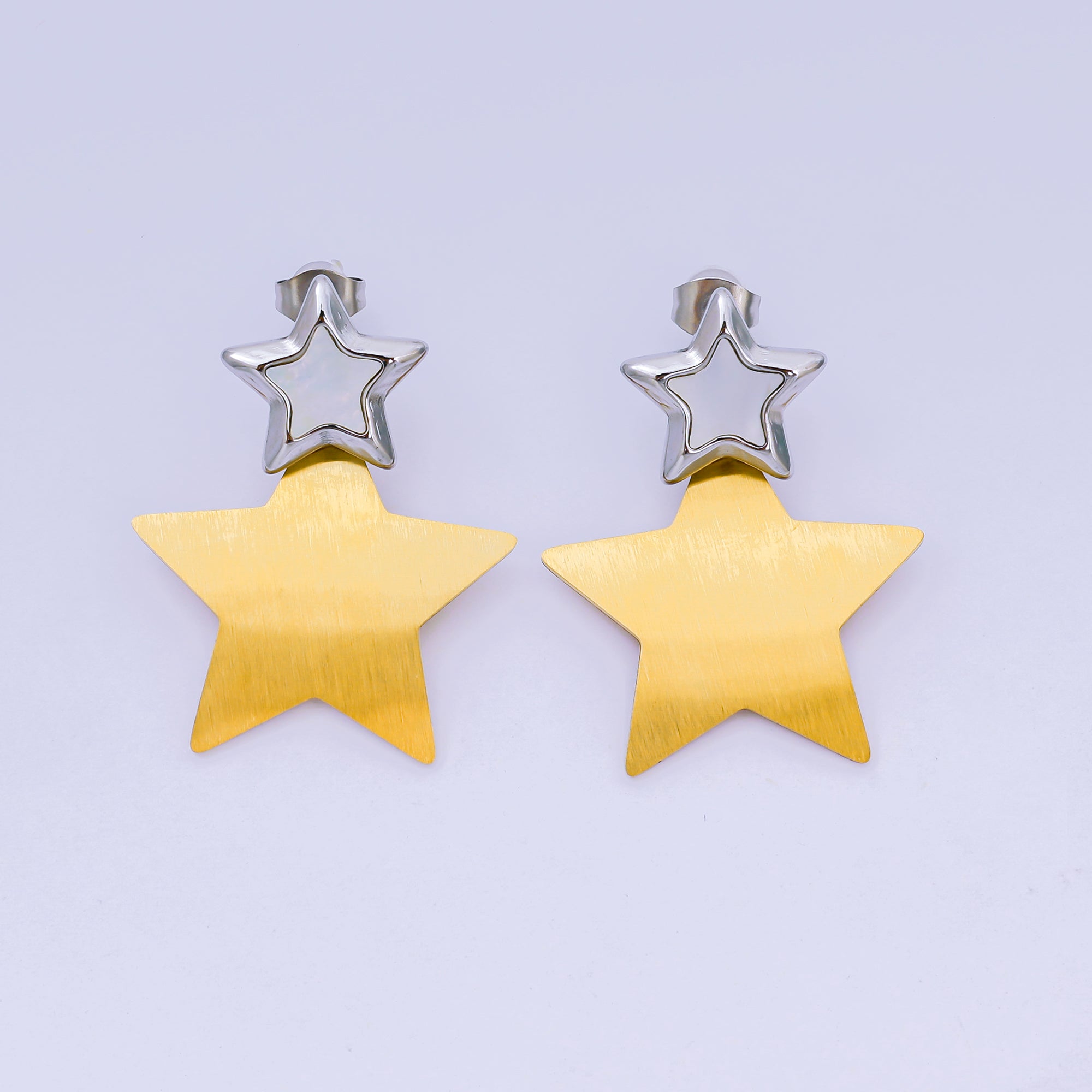 18K Gold PVD Stainless Steel 14mm Mixed Metal Celestial Star Drop Stud Earrings | AJ021