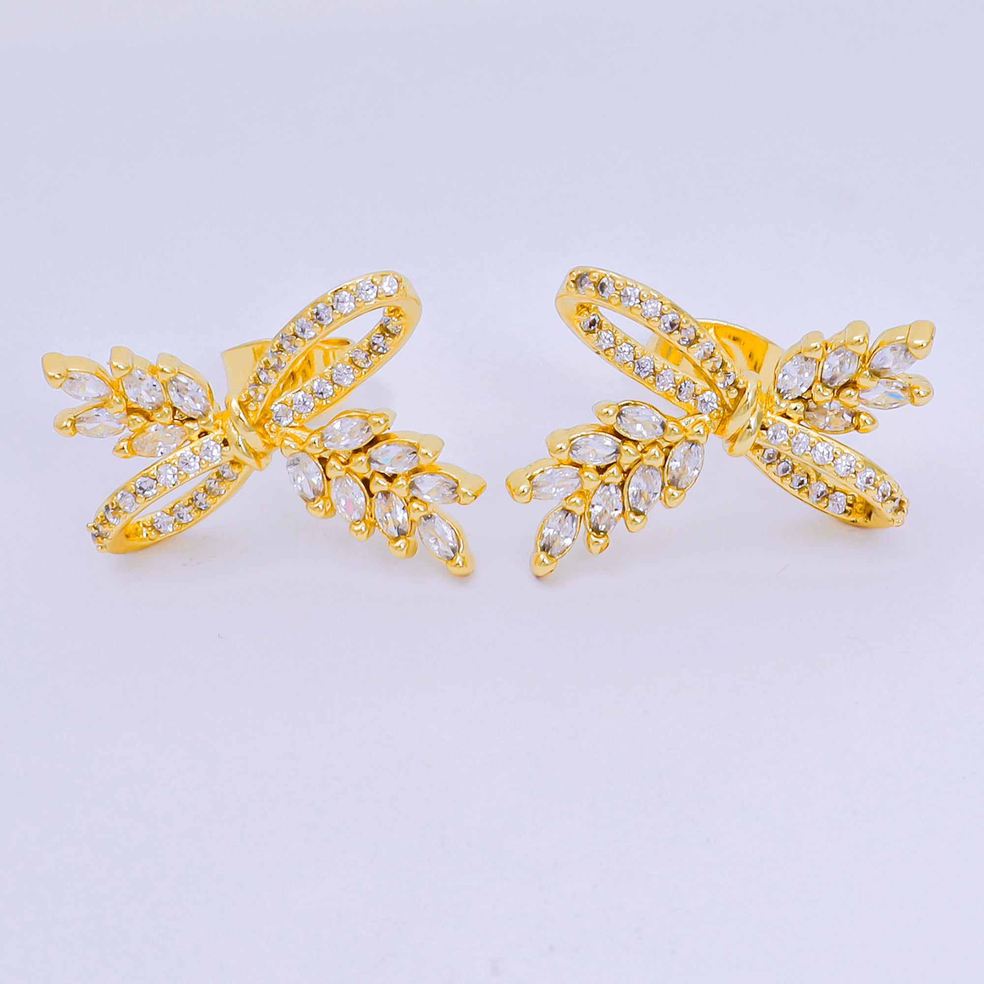 24K Gold Filled Clear Marquise Micro Paved CZ Ribbon Knot Leaf Stud Earrings | AJ104