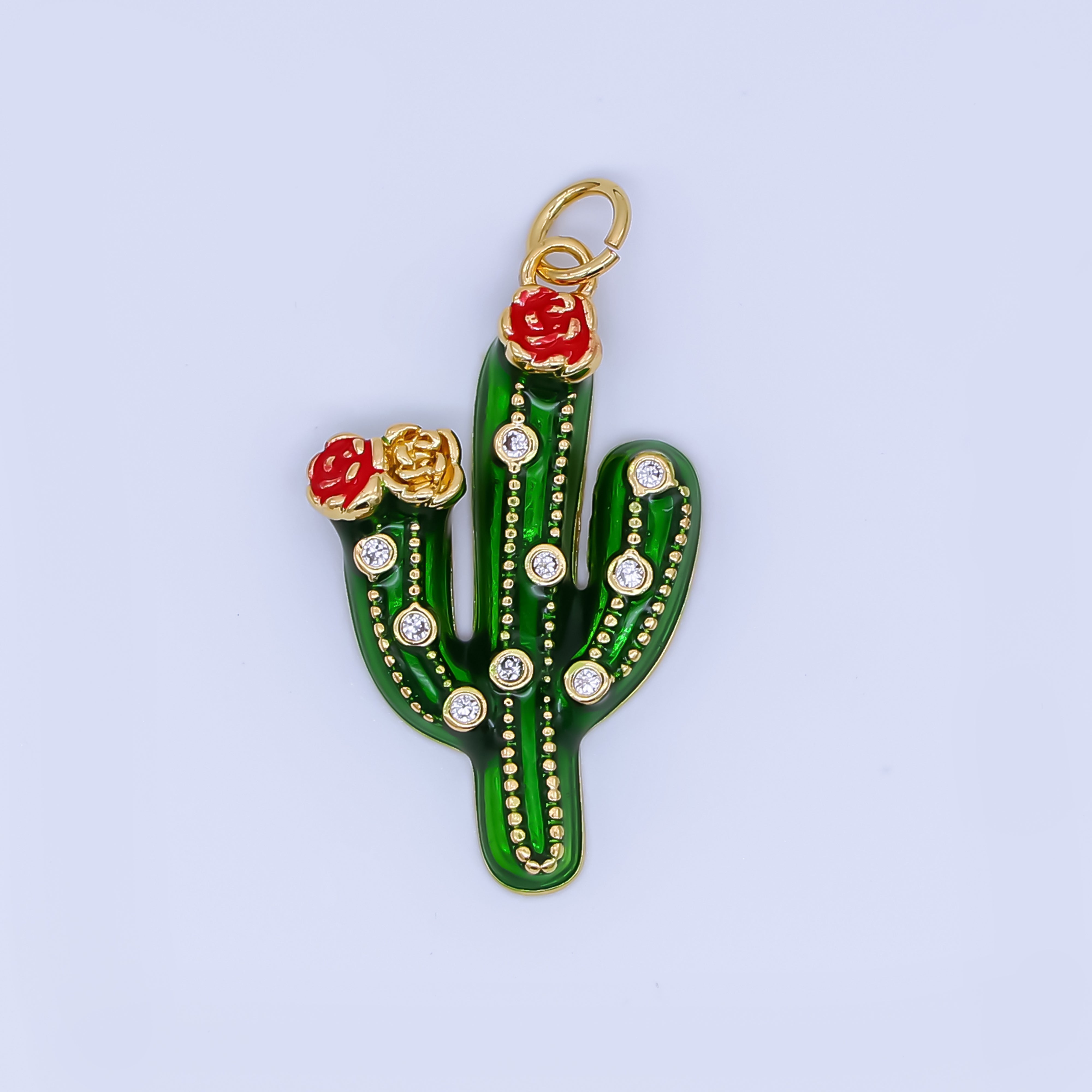 24K Gold Filled 27mm Clear CZ Dotted Enamel Red Flower Cactus Plant Charm | AJ433 AJ434