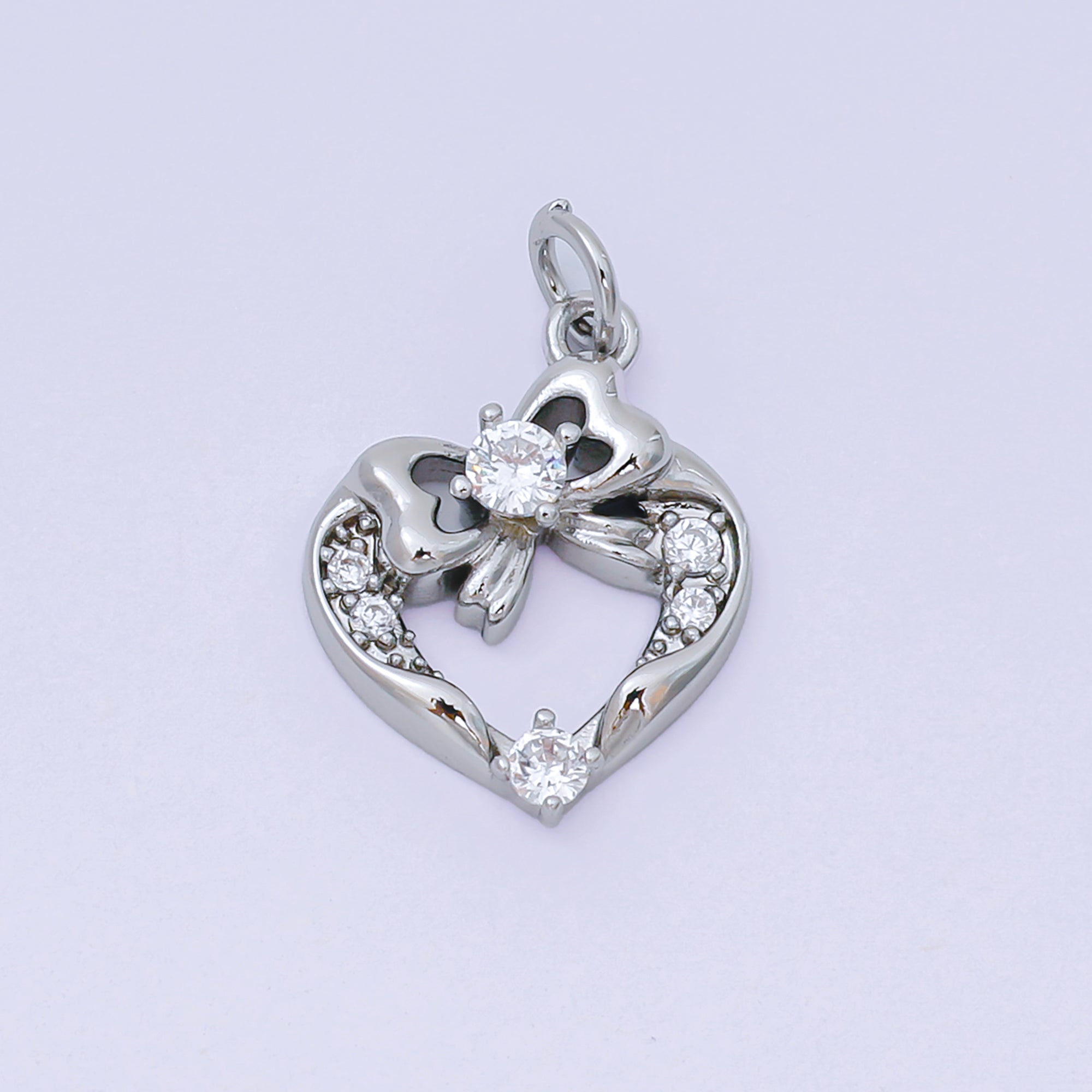 24K Gold Filled 17.5mm Micro Paved CZ Ribbon Bow Open Heart Charm in Gold & Silver | AJ472