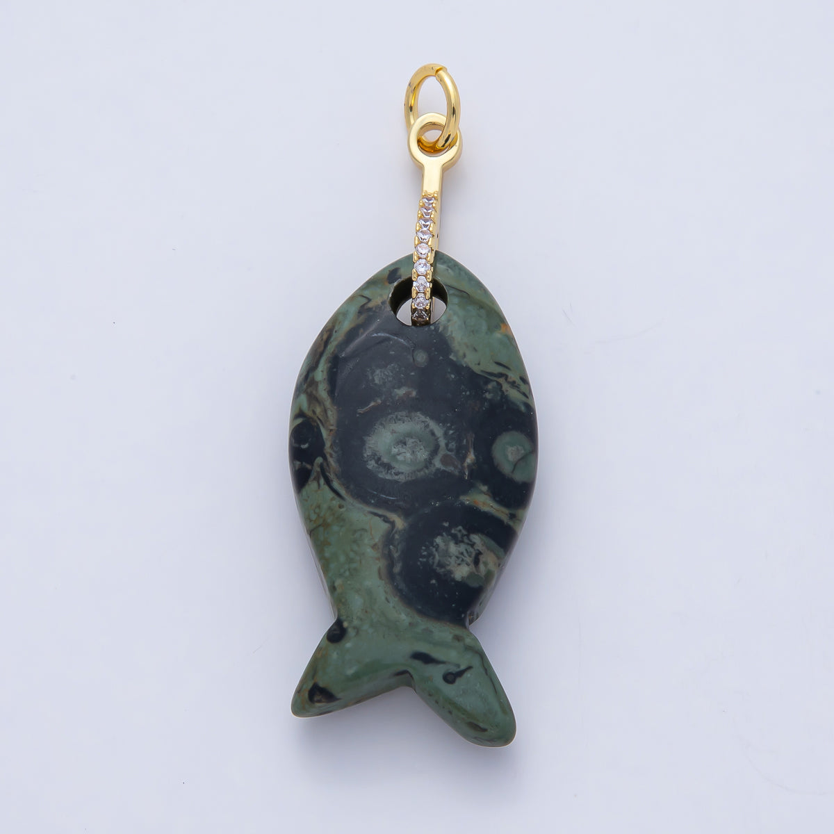 18K Gold Filled 51mm Quartz, Agate, Jasper, Topas Gemstone Fish Charm with CZ Charm | AK001