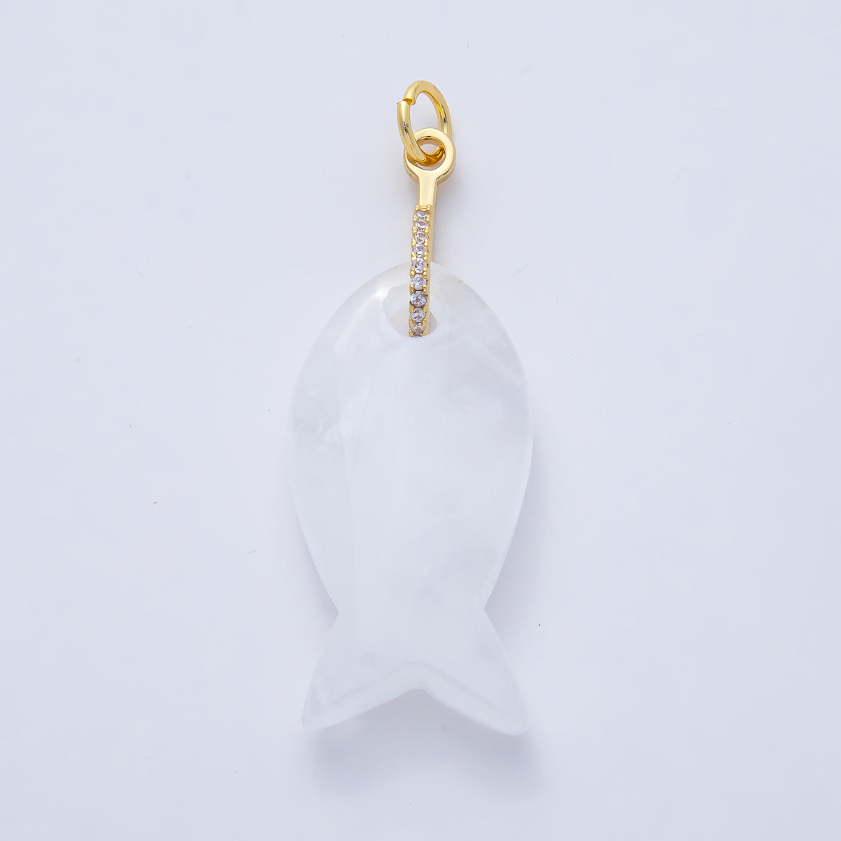 18K Gold Filled 51mm Quartz, Agate, Jasper, Topas Gemstone Fish Charm with CZ Charm | AK001