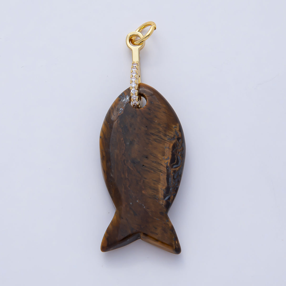 18K Gold Filled 51mm Quartz, Agate, Jasper, Topas Gemstone Fish Charm with CZ Charm | AK001