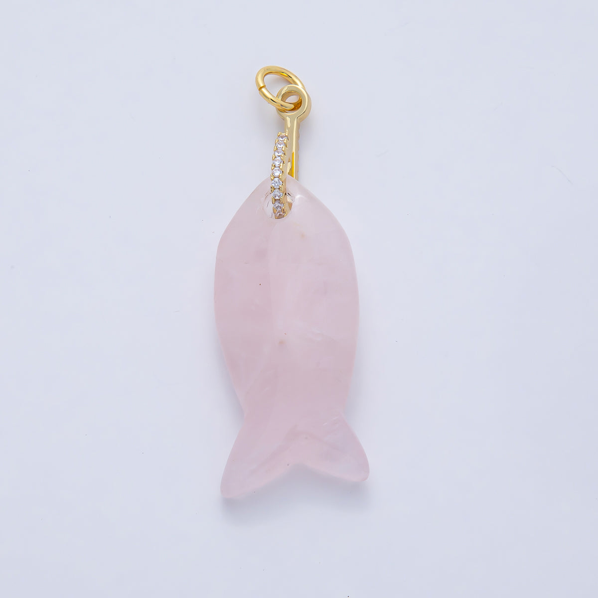 18K Gold Filled 51mm Quartz, Agate, Jasper, Topas Gemstone Fish Charm with CZ Charm | AK001