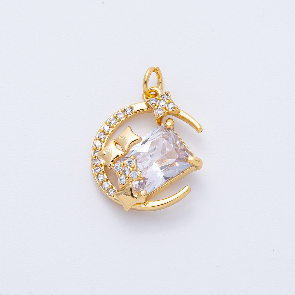 18K Gold Filled 20mm Rhombus Micro Paved CZ Crescent Moon Charm | AK155