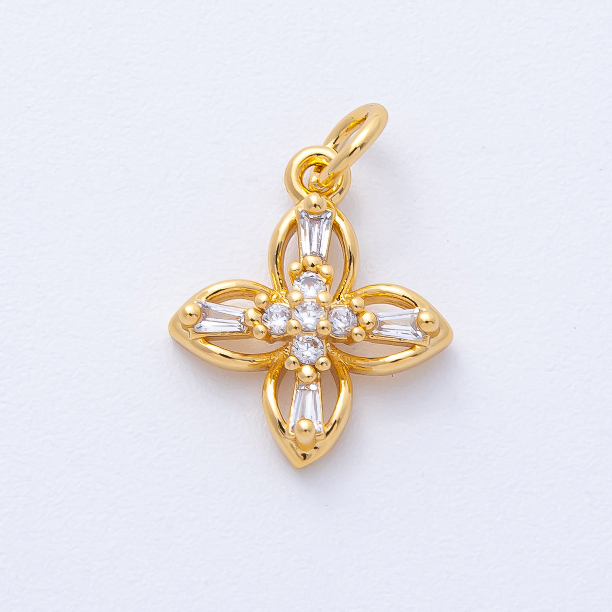 18K Gold Filled 16mm Clear Baguette Micro Paved CZ Clover Flower Open Charm | AK176
