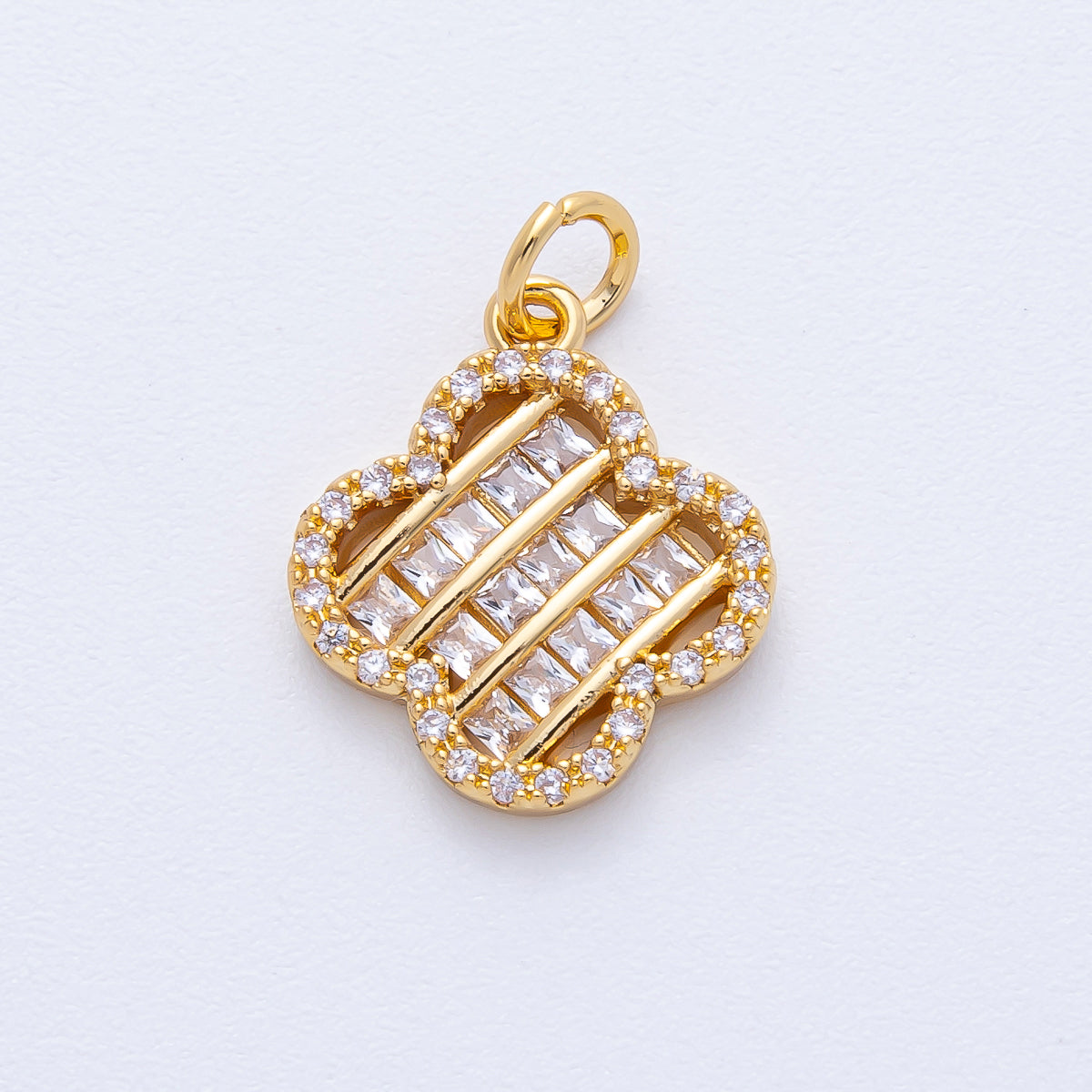 18K Gold Filled 17mm Woven Square Baguette CZ Micro Paved Clover Charm | AK179