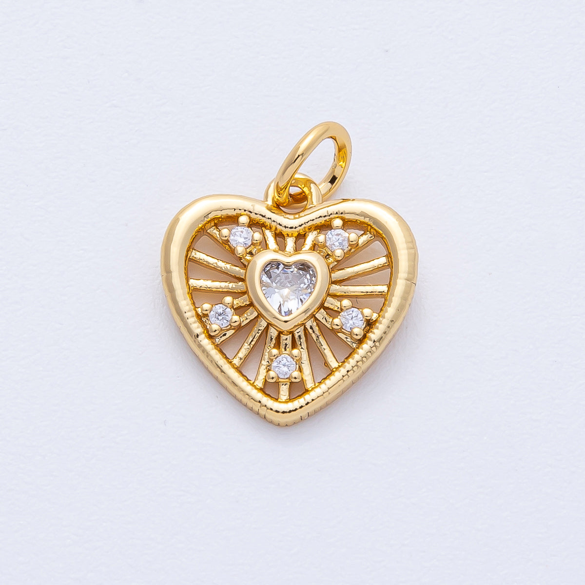 18K Gold Filled 13.5mm Clear CZ Sunburst Heart Mini Charm | AK180