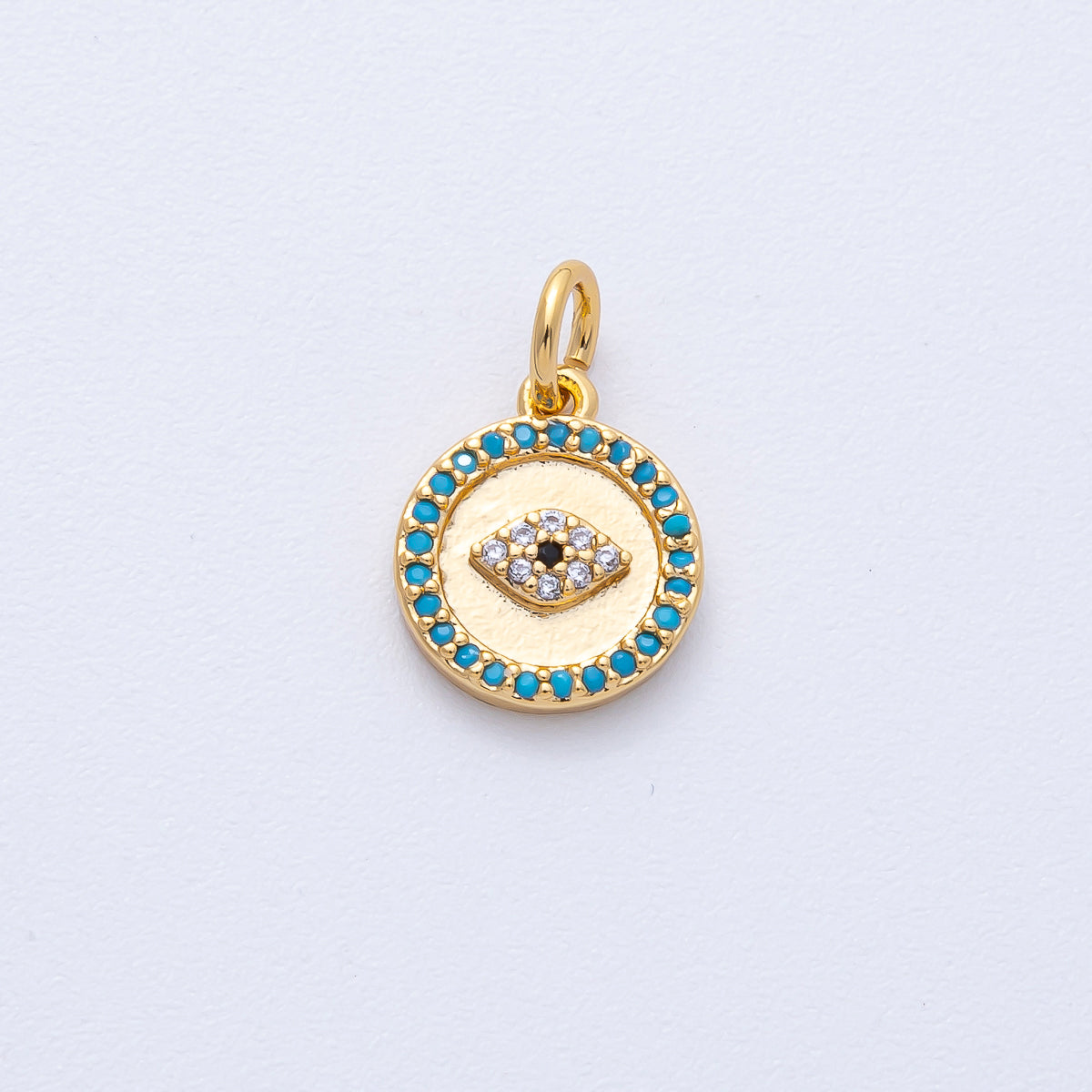 18K Gold Filled 12mm Mini Turquoise Micro Paved CZ Evil Eye Round Charm | AK187
