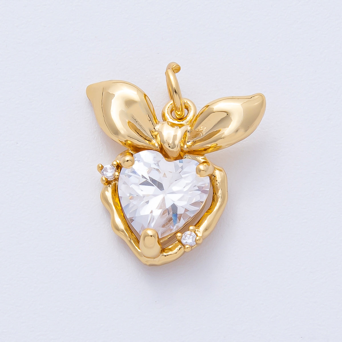 18K Gold Filled 16mm Clear CZ Ribbon Bow Heart Charm | AK195