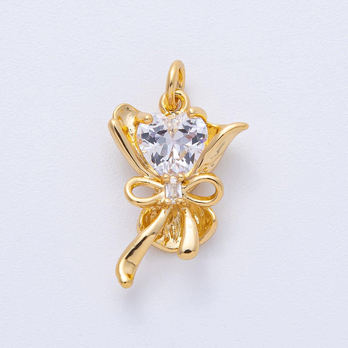 18K Gold Filled 22mm Clear Heart CZ Ribbon Flower Bouquet 3D Multidimensional Mini Charm | AK196