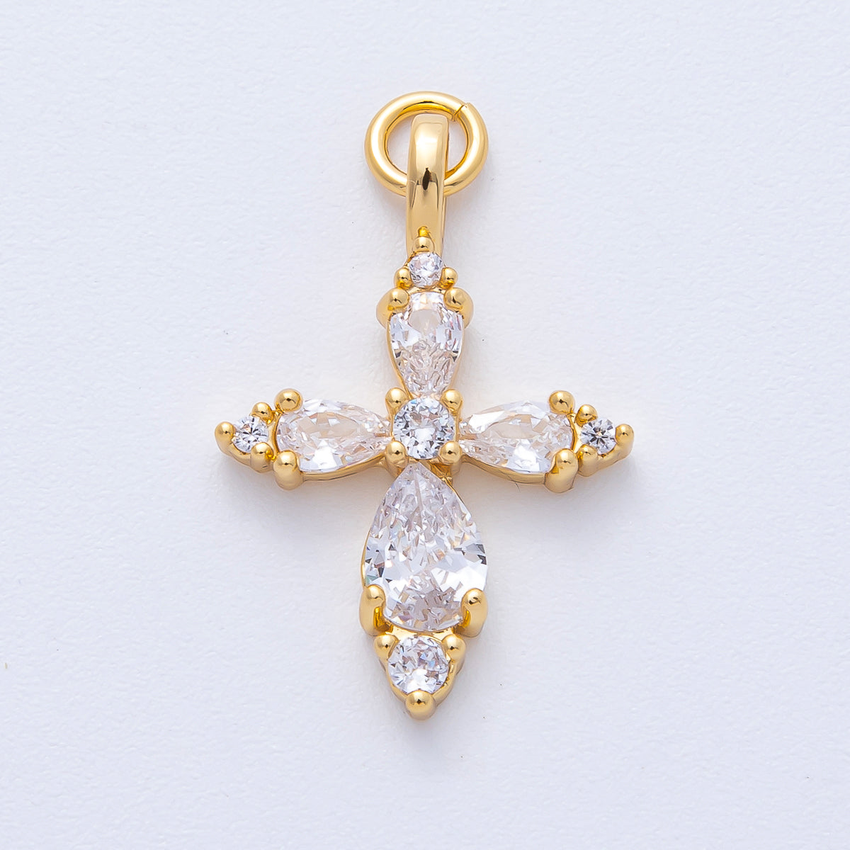 18K Gold Filled 26mm Clear CZ Teardrop Religious Passion Cross Charm | AK199