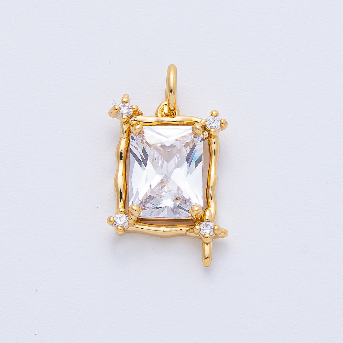 18K Gold Filled 16mm Clear CZ Baguette Molten Rectangular Bezel Charm | AK202