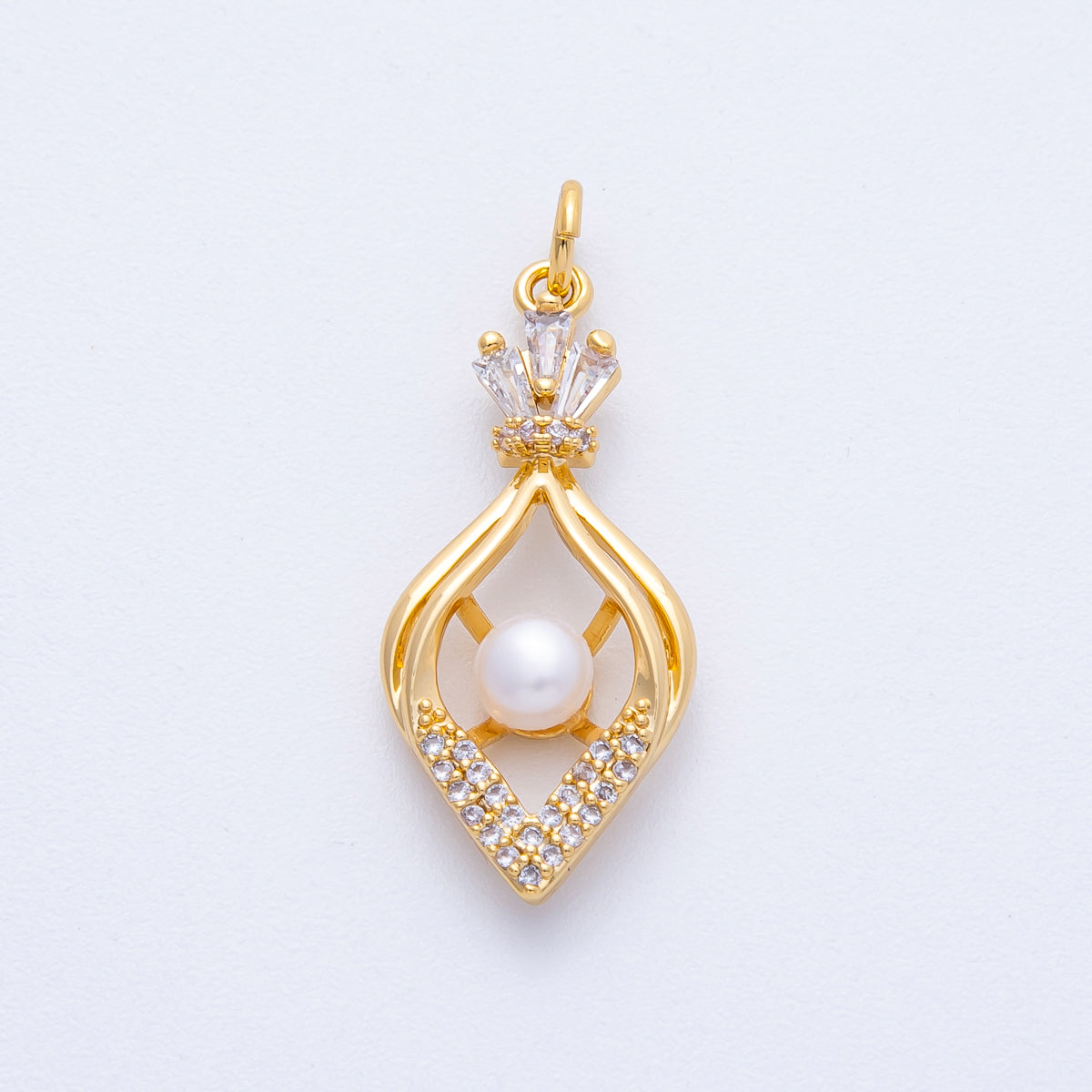 18K Gold Filled 29mm Geometric Shell Pearl Micro Paved CZ Baguette Sphere Charm | AK204