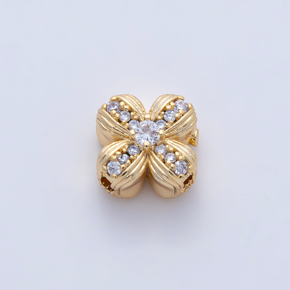18K Gold Filled 11.5mm Micro Paved CZ Ribbed Quatrefoil Flower Bead | B535
