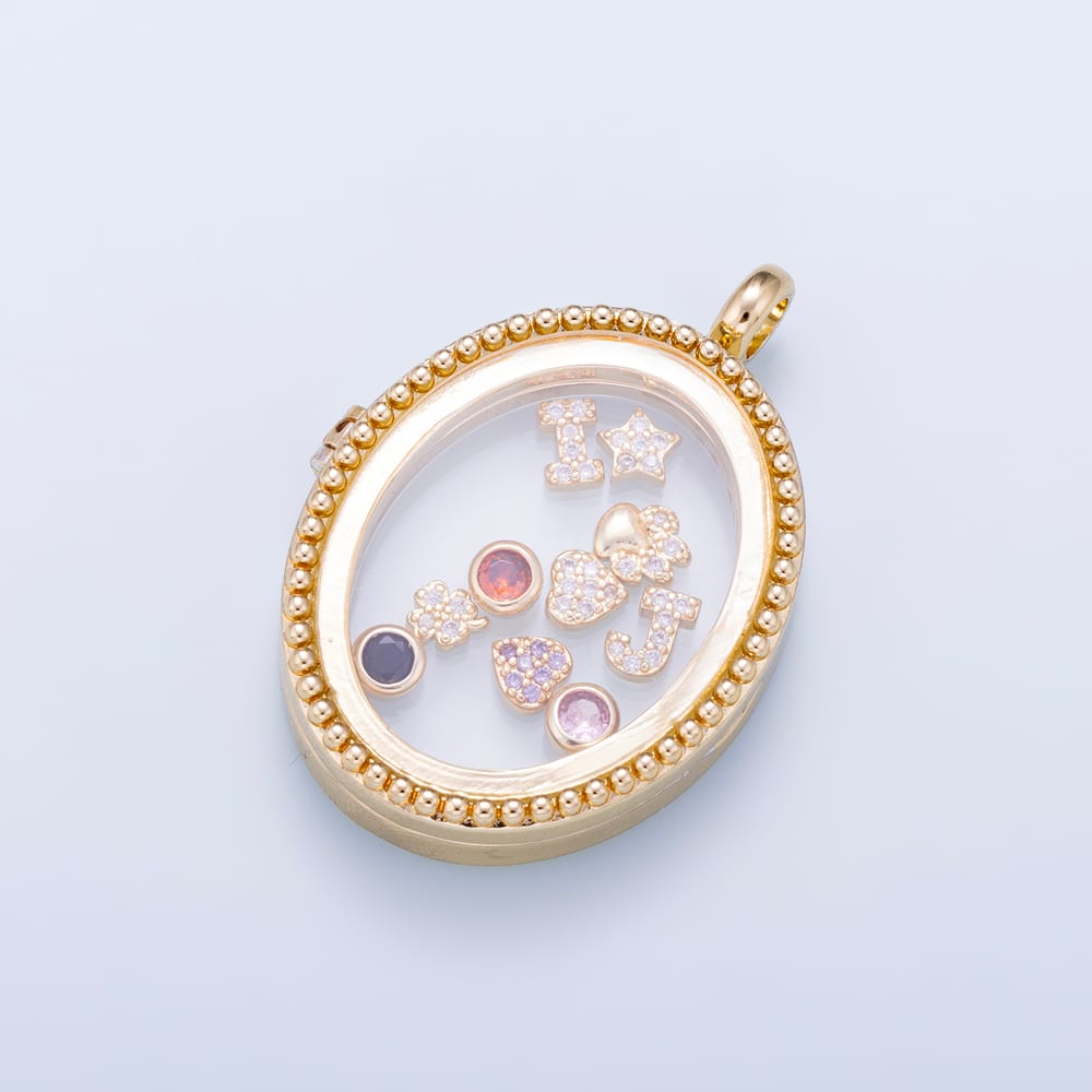 16K Gold Filled 38mm Beaded Edge Oval Glass Floating Memory Locket Pendant | Charms-02206