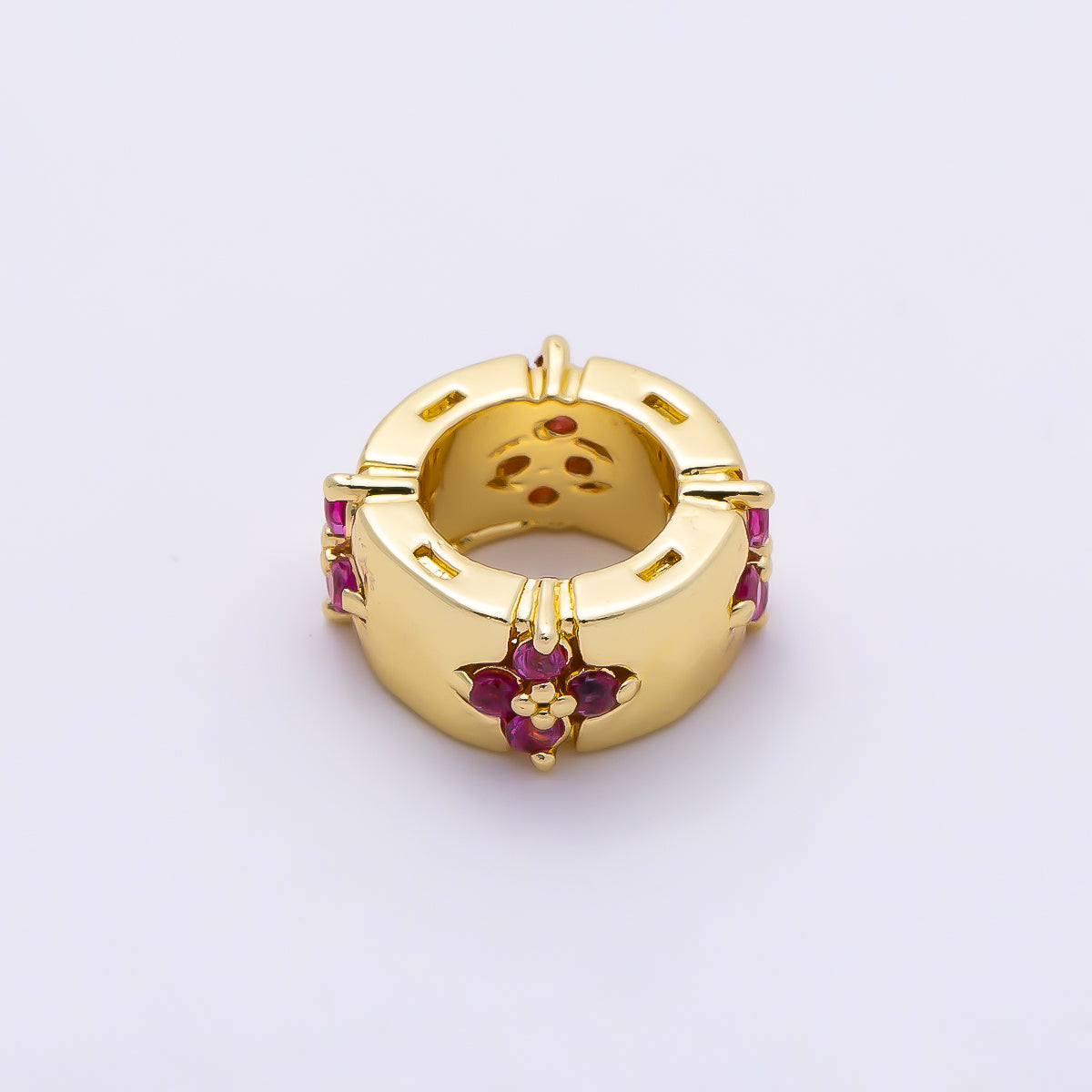 16K Gold Filled 10mm Fuchsia CZ Flower Clover Rondelle Bead | Beads-00488