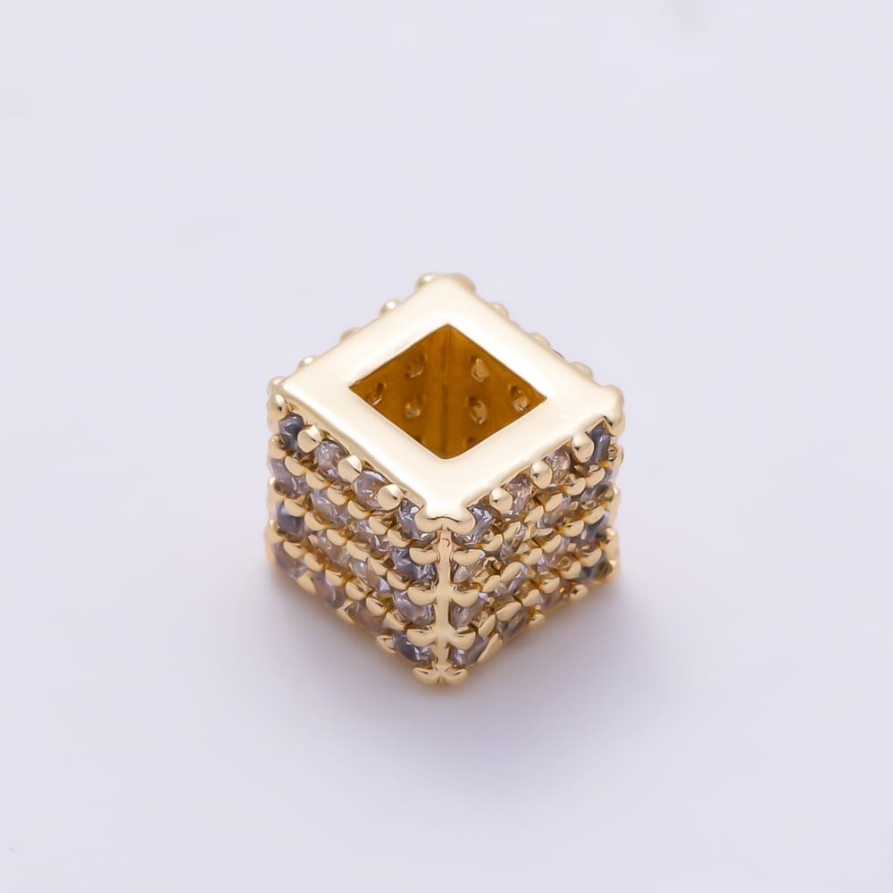 16K Gold Filled 6mm Micro Paved CZ 3D Cube Spacer Square Bead | Beads-00629