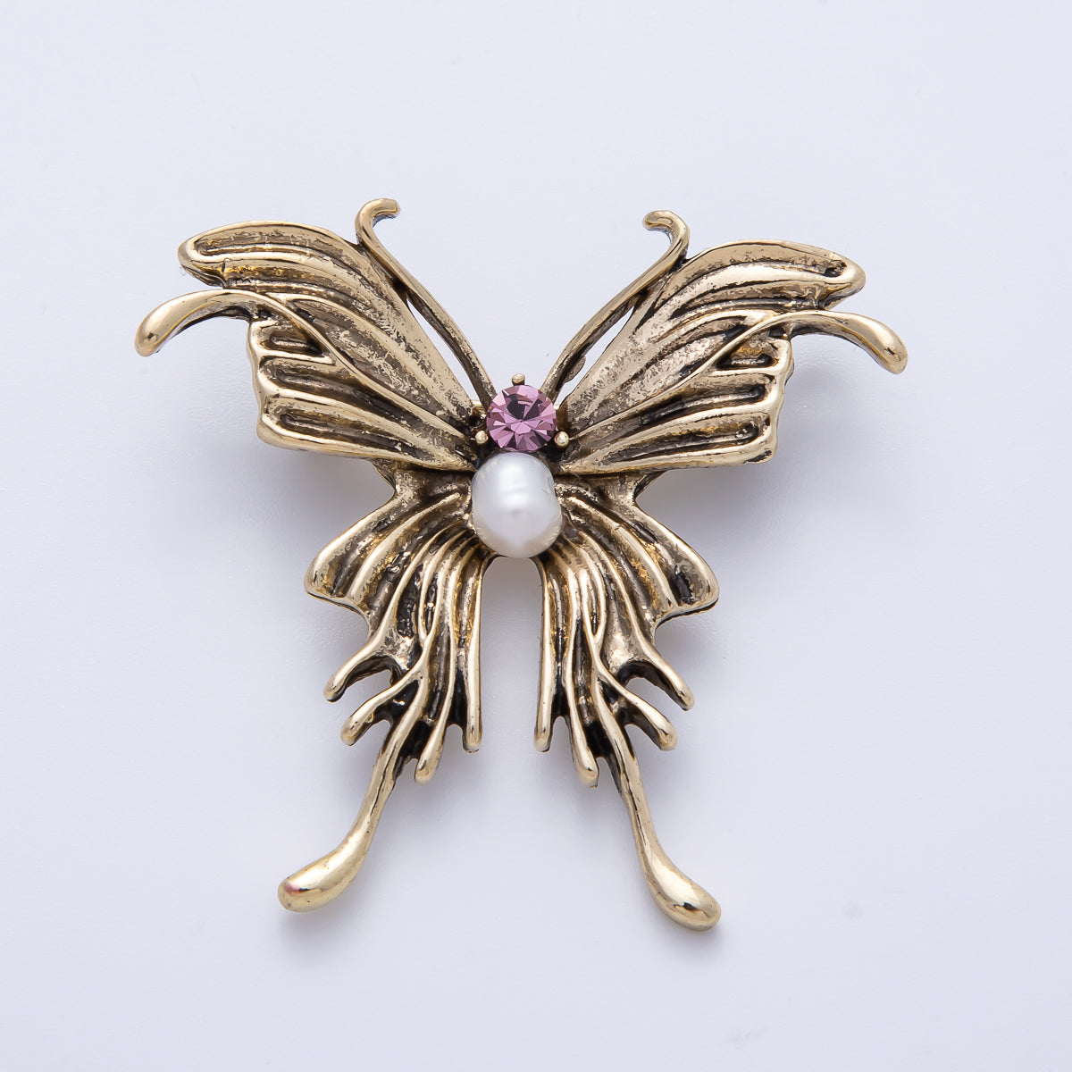 Antique Gold 41mm Purple CZ Shell Pearl Butterfly Mariposa Animals Brooch Pin | BH-016