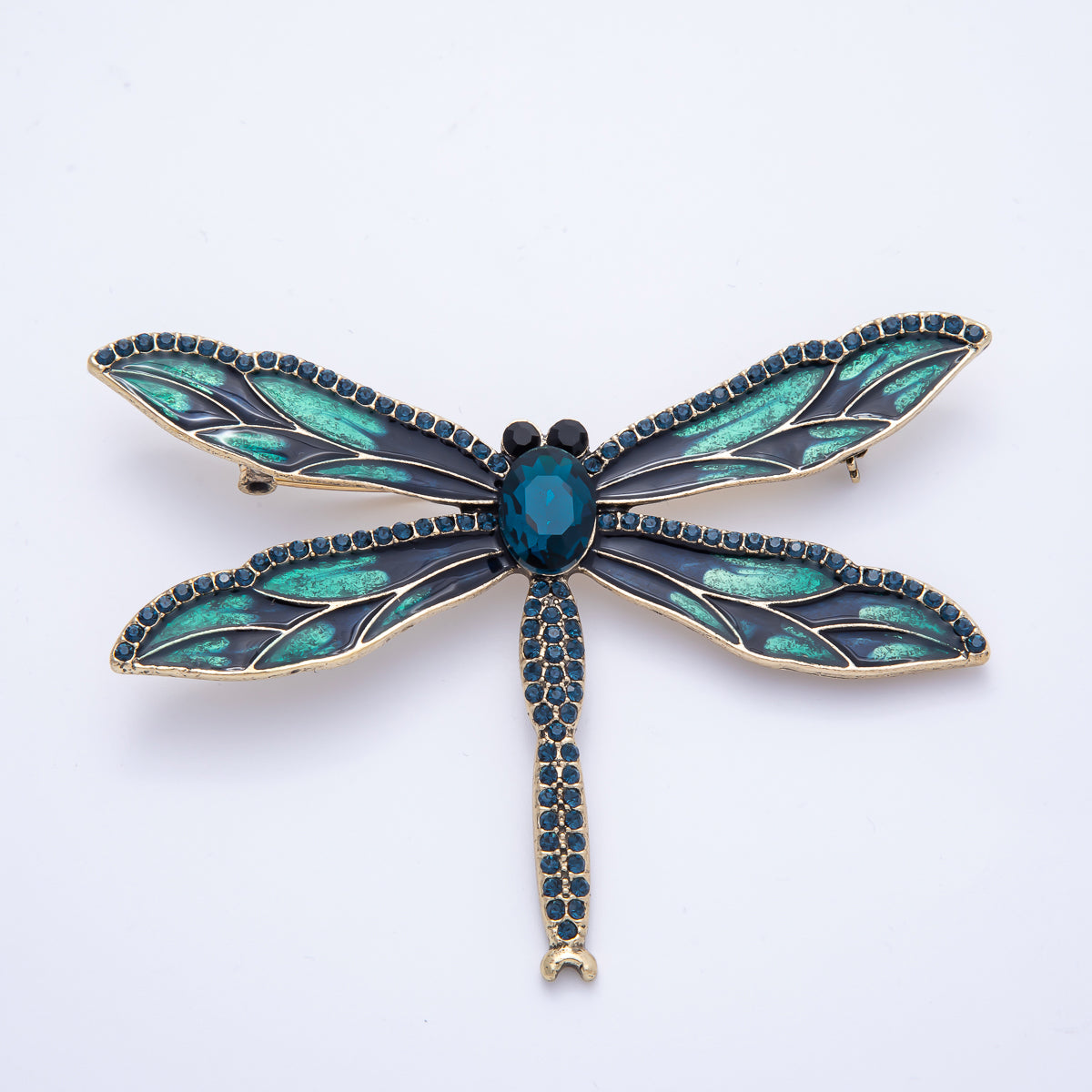 Antique Gold 94mm Blue Micro Paved CZ Dragonfly Insect Enamel Brooch Pin | BH-017