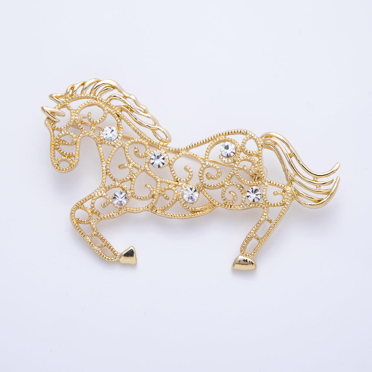 Gold 70mm x 42mm Clear CZ Horse Animal Pin Brooch | BH-021