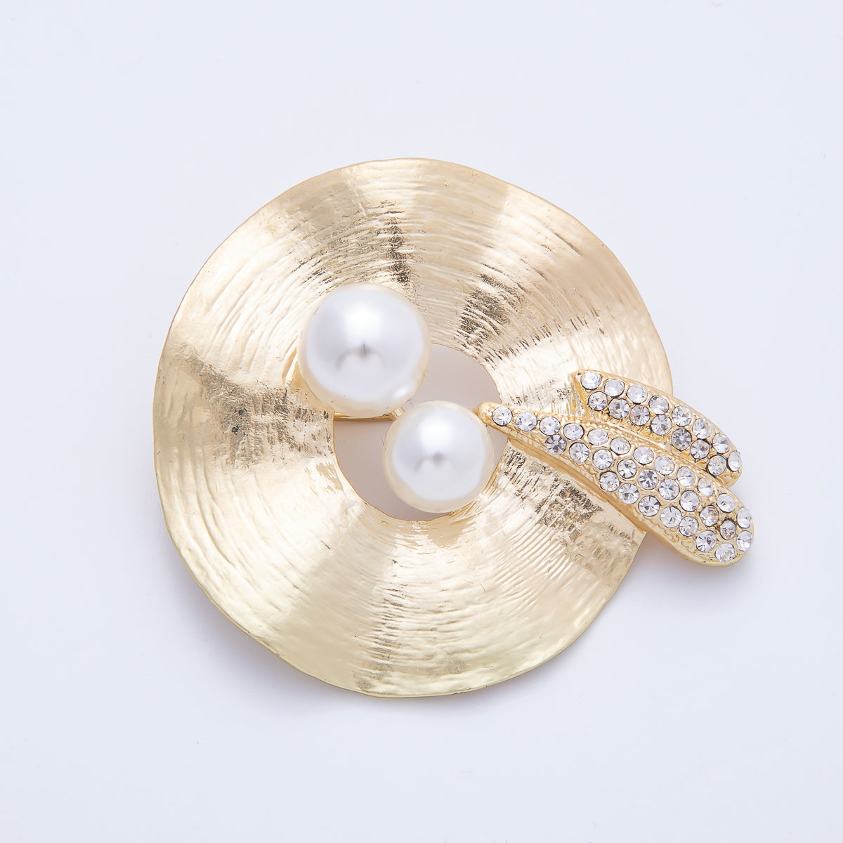 18K Gold Filled 55mm Micro Paved CZ Shell Pearl Hammered ring Brooch Pin | BH-022