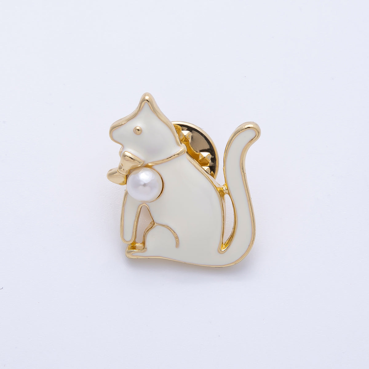 Gold 23.5mm x 21mm White Acrylic Pearl Enamel Cat Kitten Pet Pin Brooch | BH-047