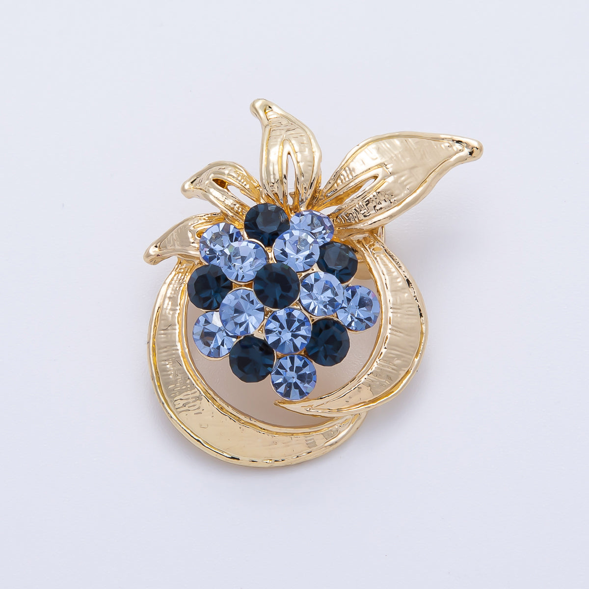 Gold 30.2mm x 26.6mm Blue Rhinestone Circular Leaf Nature Pin Brooch | BH-048