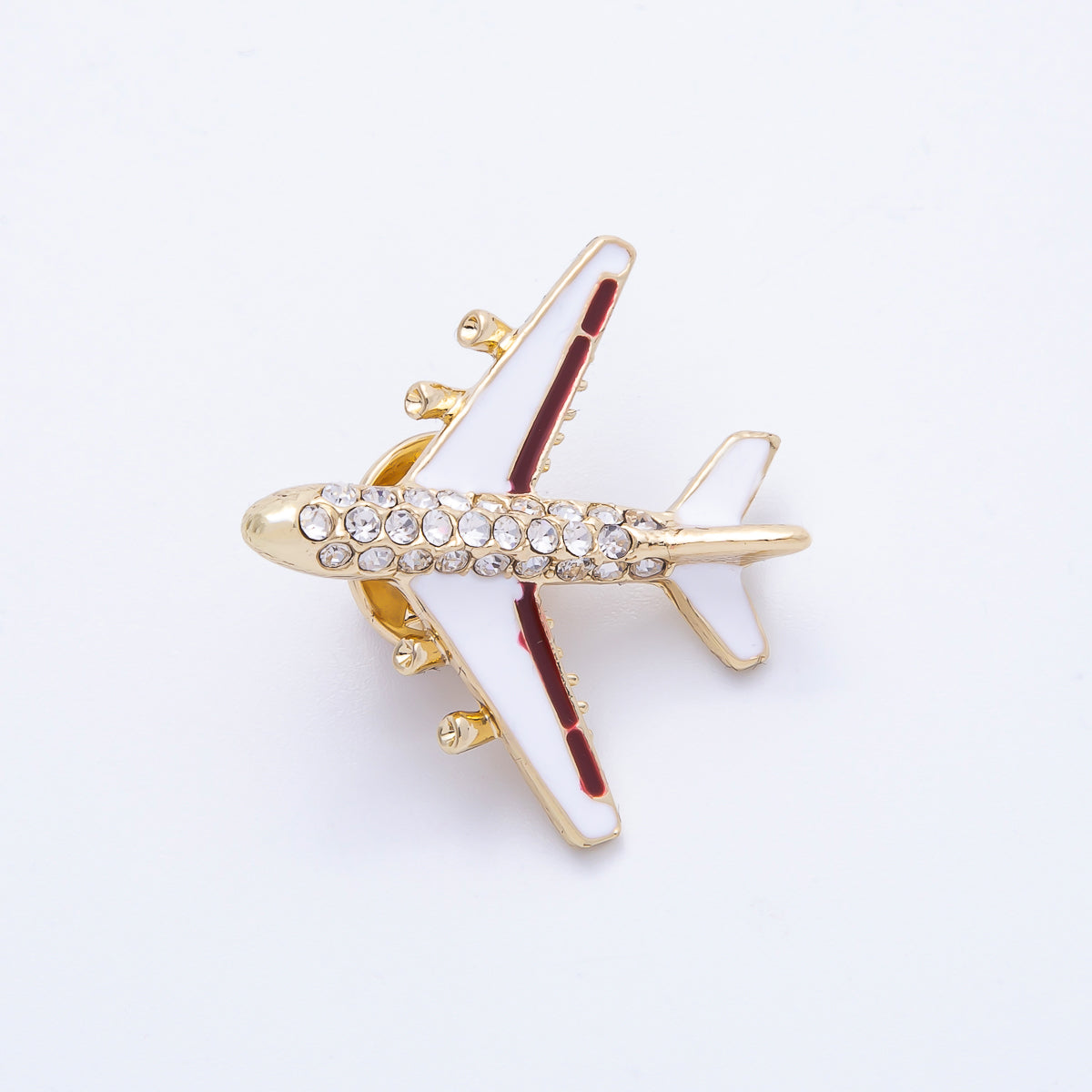 Gold Rhinestone White Enamel Airplane Travel Pin Brooch | BH-051