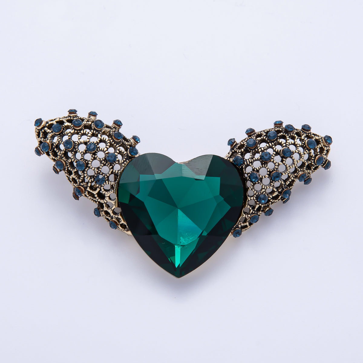 Gold 65mm x 36.5mm Green Rhinestone Heart Wings Pin Brooch | BH-064