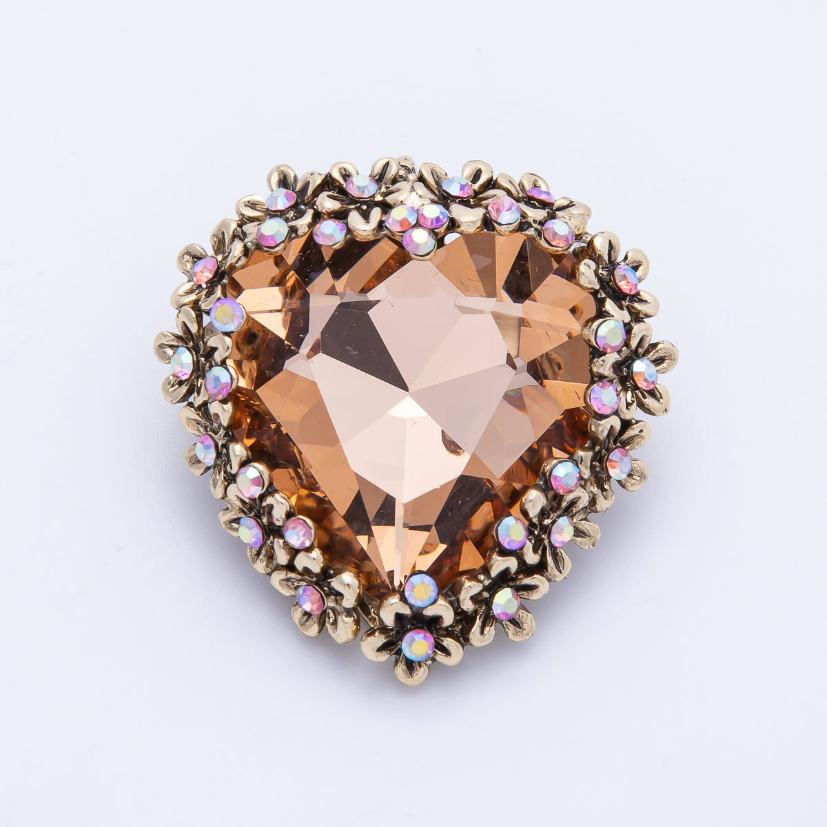 Gold 37mm x 36mm Orange Rhinestone Heart Pin Brooch | BH-067