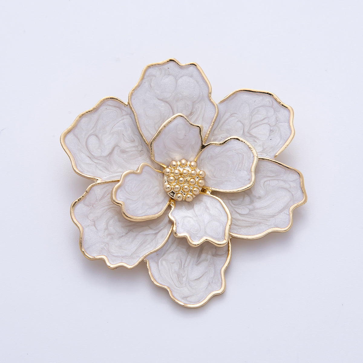 Gold 42mm x 34.5mm White Glitter Enamel Flower Pin Brooch | BH-071