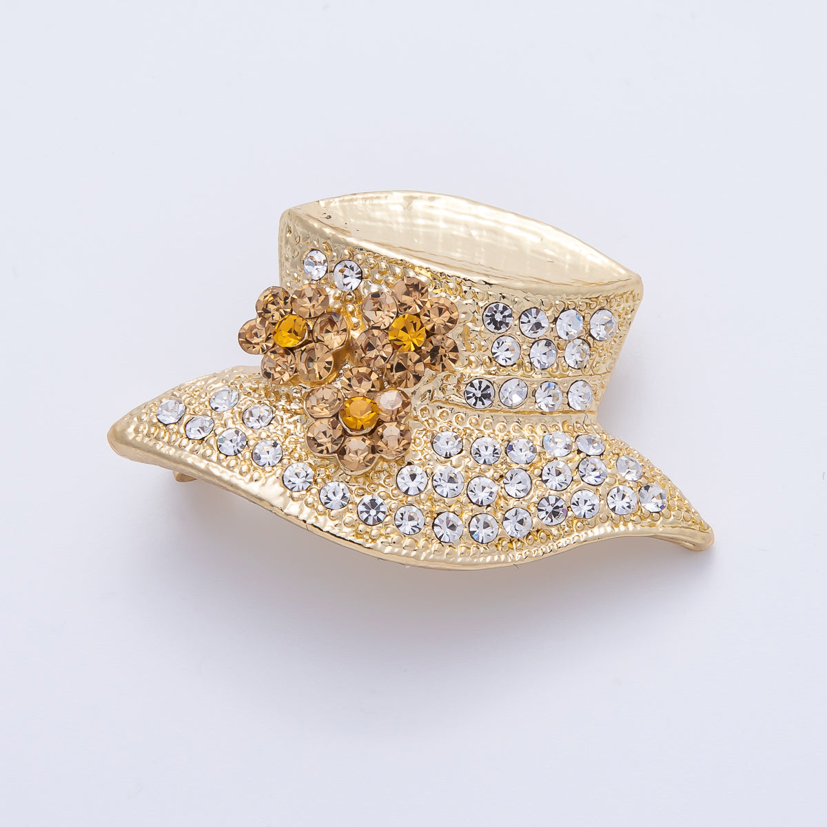 Gold 40mm x 26.5mm Rhinestone Flower Hat Pin Brooch | BH-073