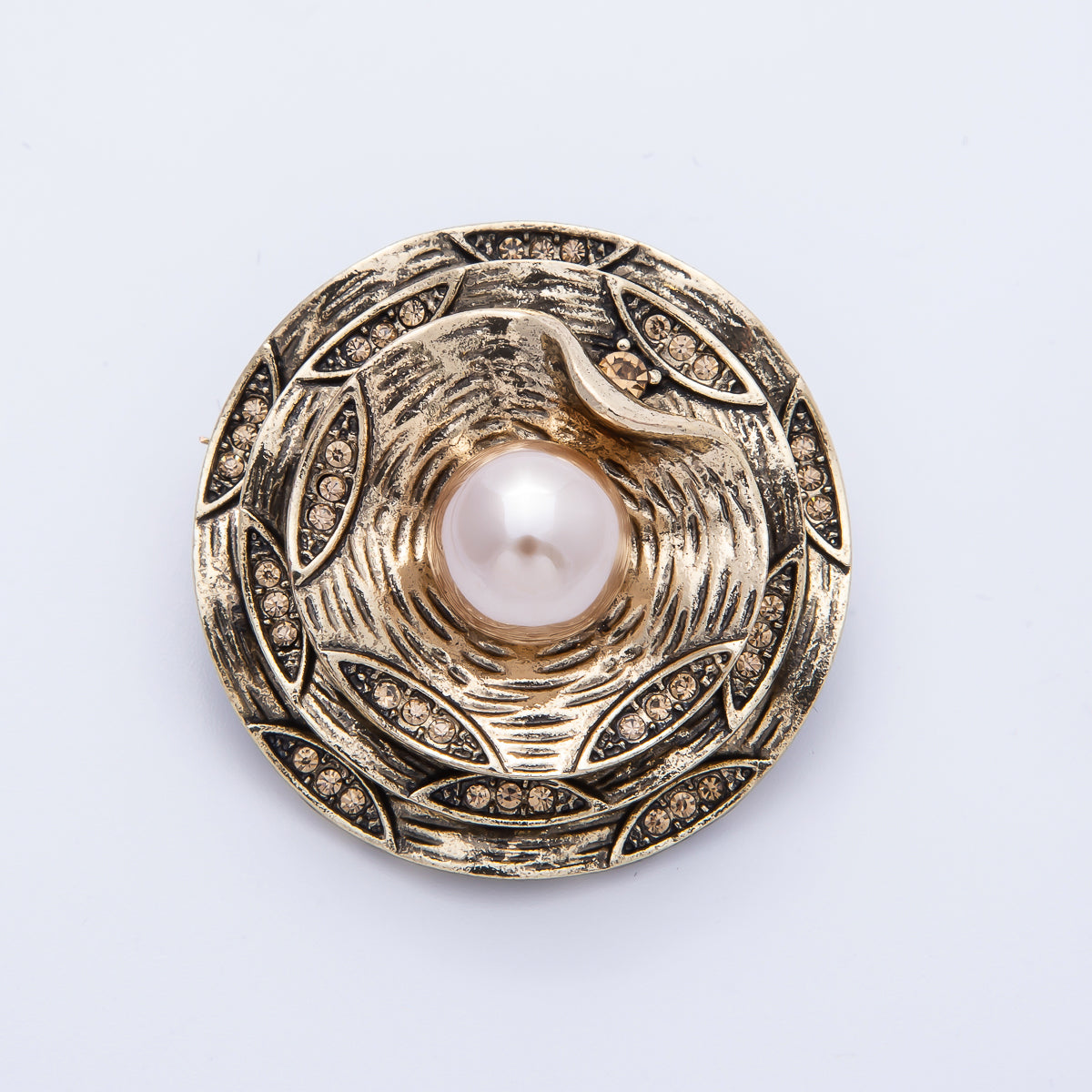 Vintage Gold 39.5mm x 39mm Pearl Geometric Round Pin Brooch | BH-078