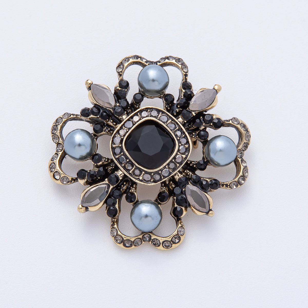 Vintage Antique Gold Flower Blue Black Gray Crystal Brooch Pin | BH-006