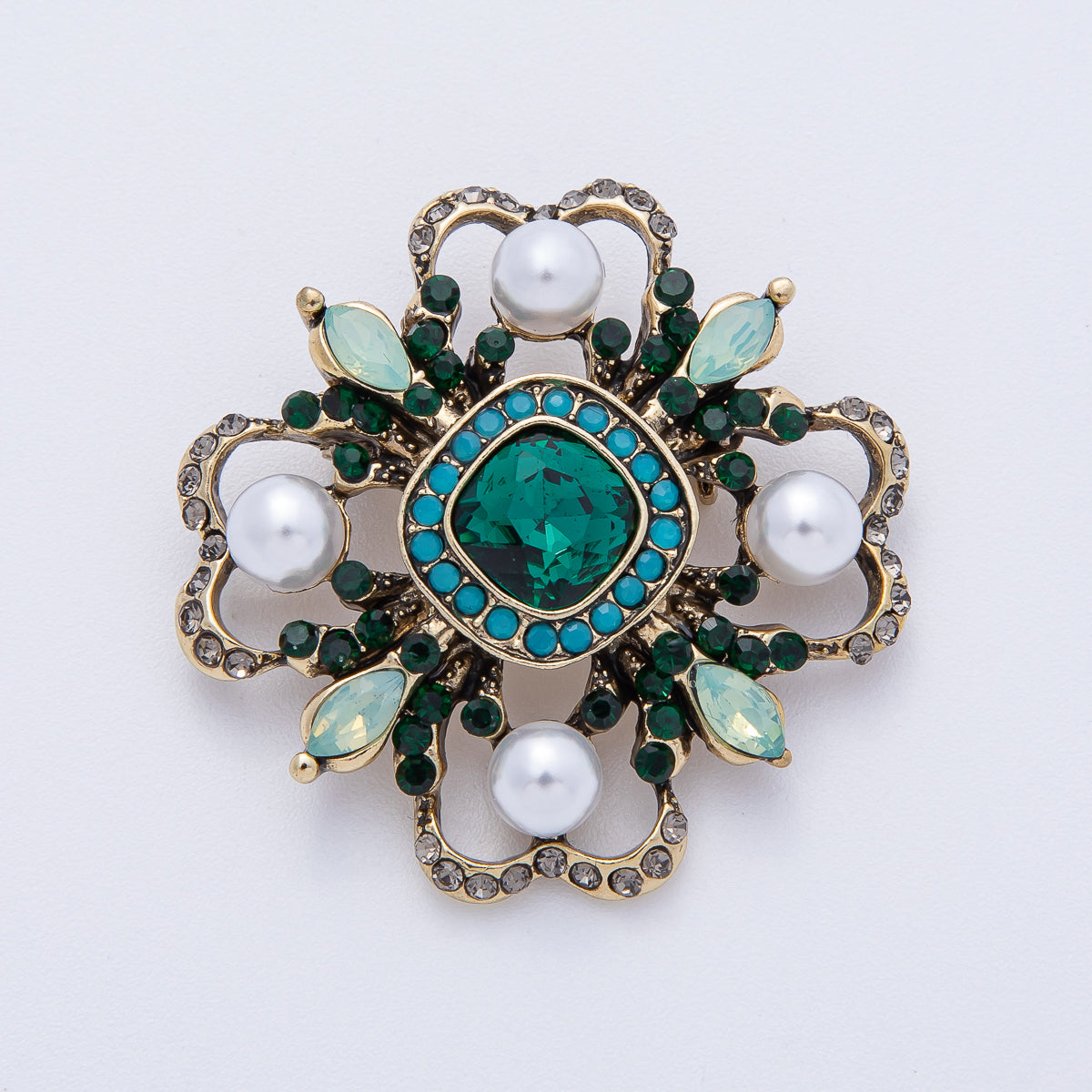 Vintage Antique Gold Flower Blue Black Gray Crystal Brooch Pin | BH-006