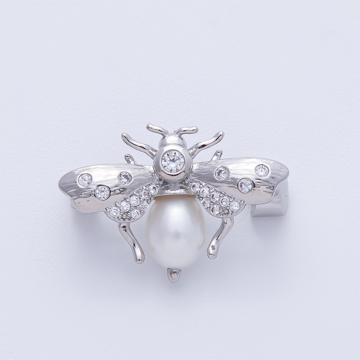 Silver 17mm x 24.5mm Clear CZ Faux Shell Pearl Bumble Bee Insect Pin Brooch | BH-011