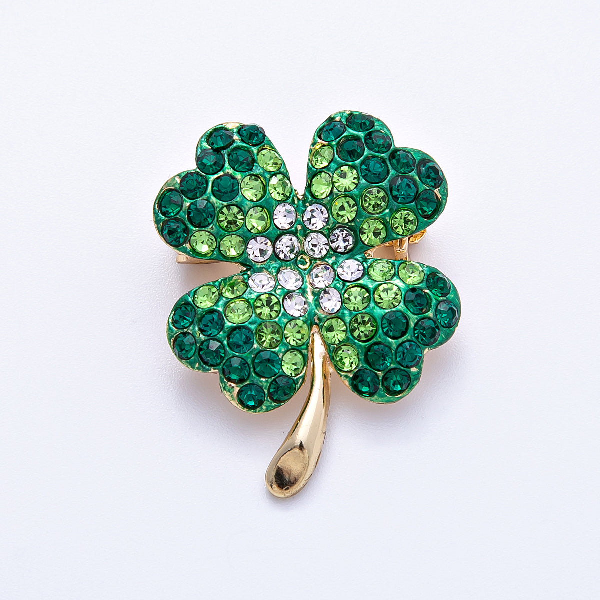 Gold 29mm x 22mm Gradient Green Four Lucky Leaf Clover Pin Brooch | BH-103