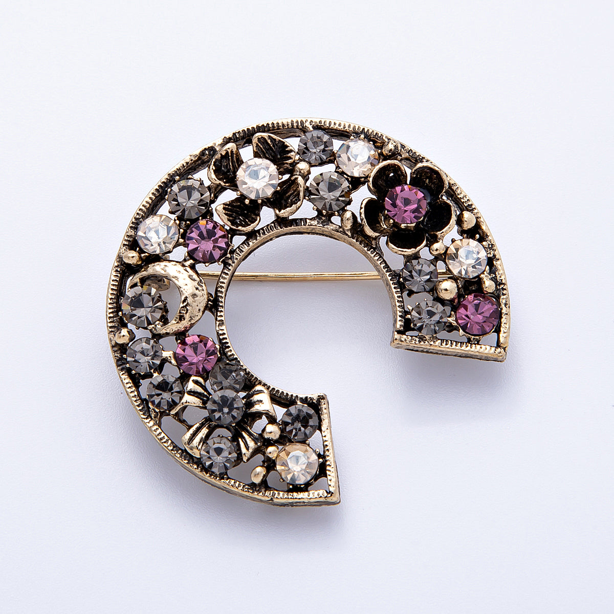 Vintage Gold 39mm Multicolor Rhinestone Lucky Horseshoe Animal Pin Brooch | BH-107