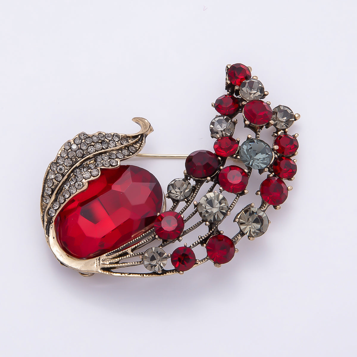 Vintage Gold Green, Red Rhinestone Curved Leaf Nature Pin Brooch | BH-144 BH-145