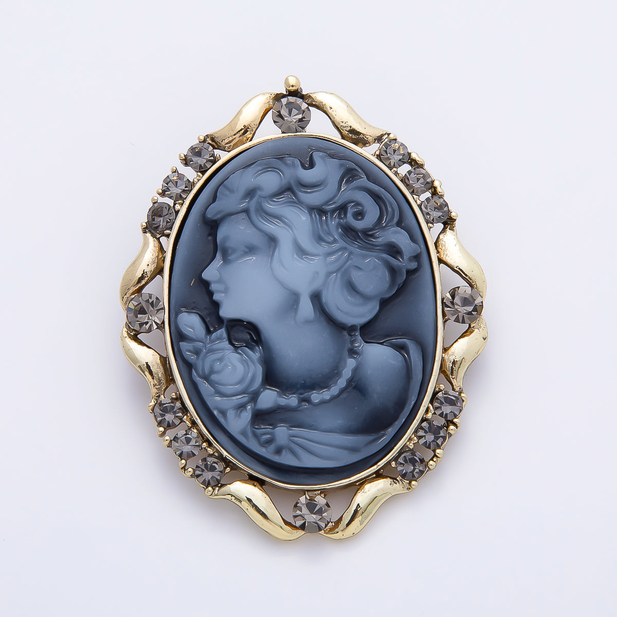Antique Gold 50mm Blue Epoxy Lady Portrait Cameo Rhinestone Oval Pin Brooch | BH-00160