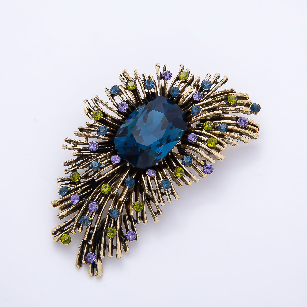 Vintage Gold 58mm Rhinestone Lined Sunburst Geometric Pin Brooch | BH-00161
