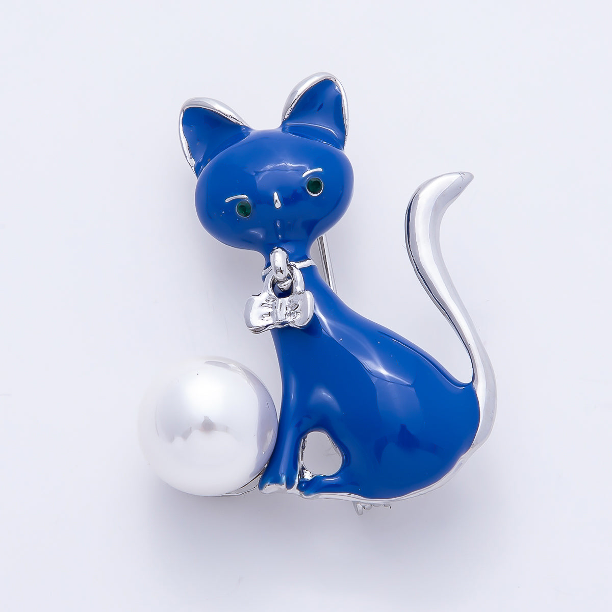 Silver 41mm Round Pearl Cat Kitten Pet Blue Enamel Pin Brooch | BH-00181