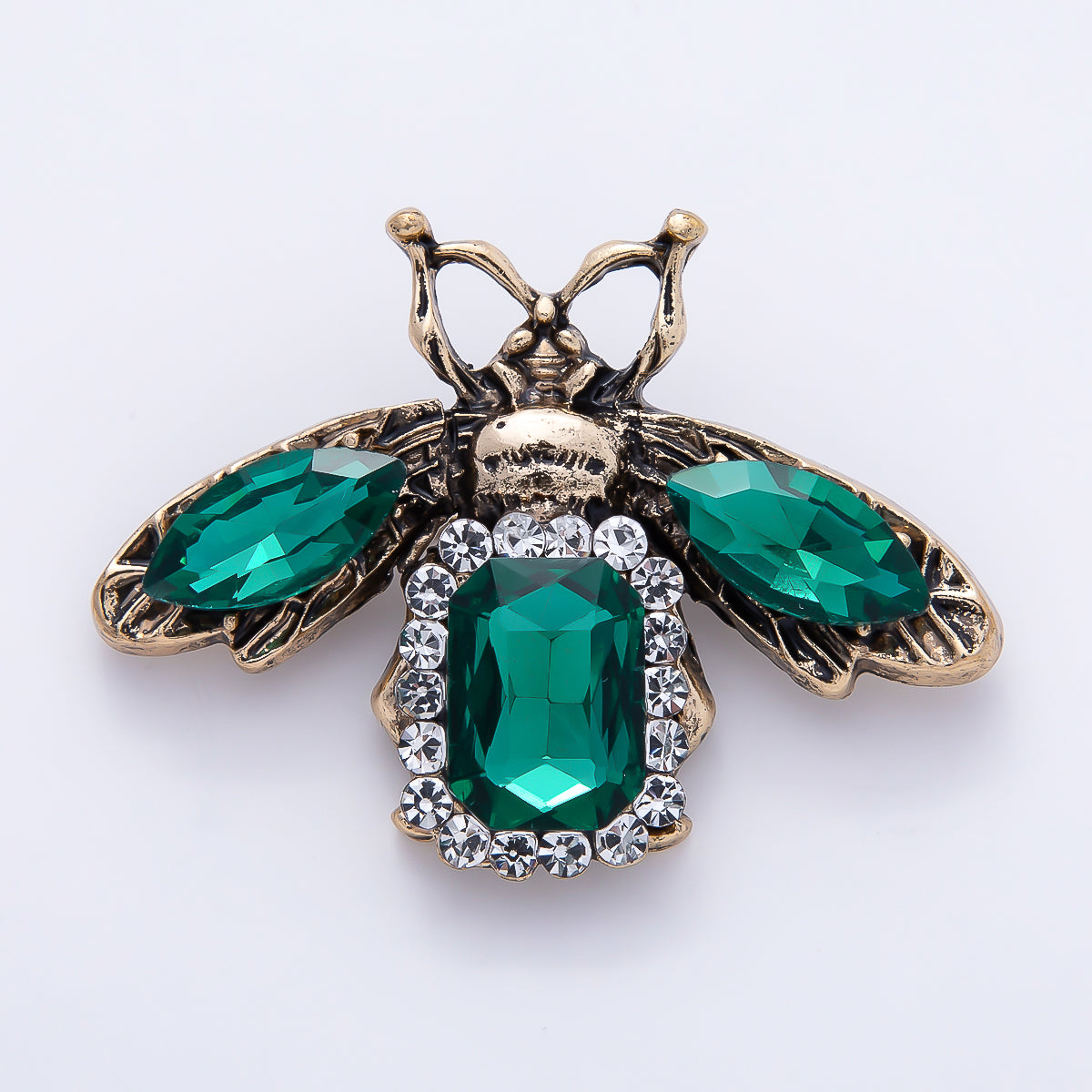 Vintage Gold 47mm Green Rhinestone Honey Bee Insect Animal Pin Brooch | BH-00182