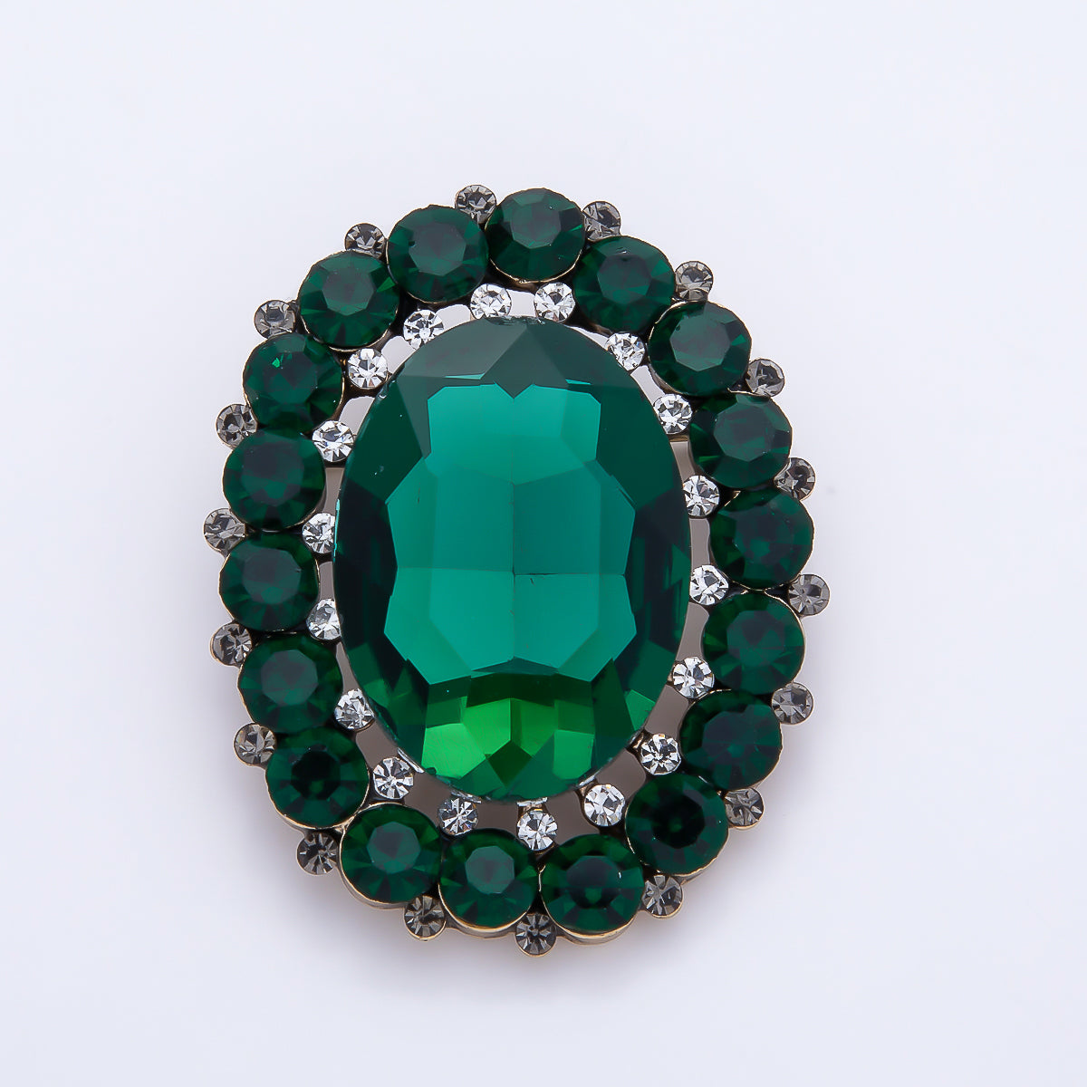 Antique Gold 46mm Green Rhinestone Oval Statement Pin Brooch | BH-00184