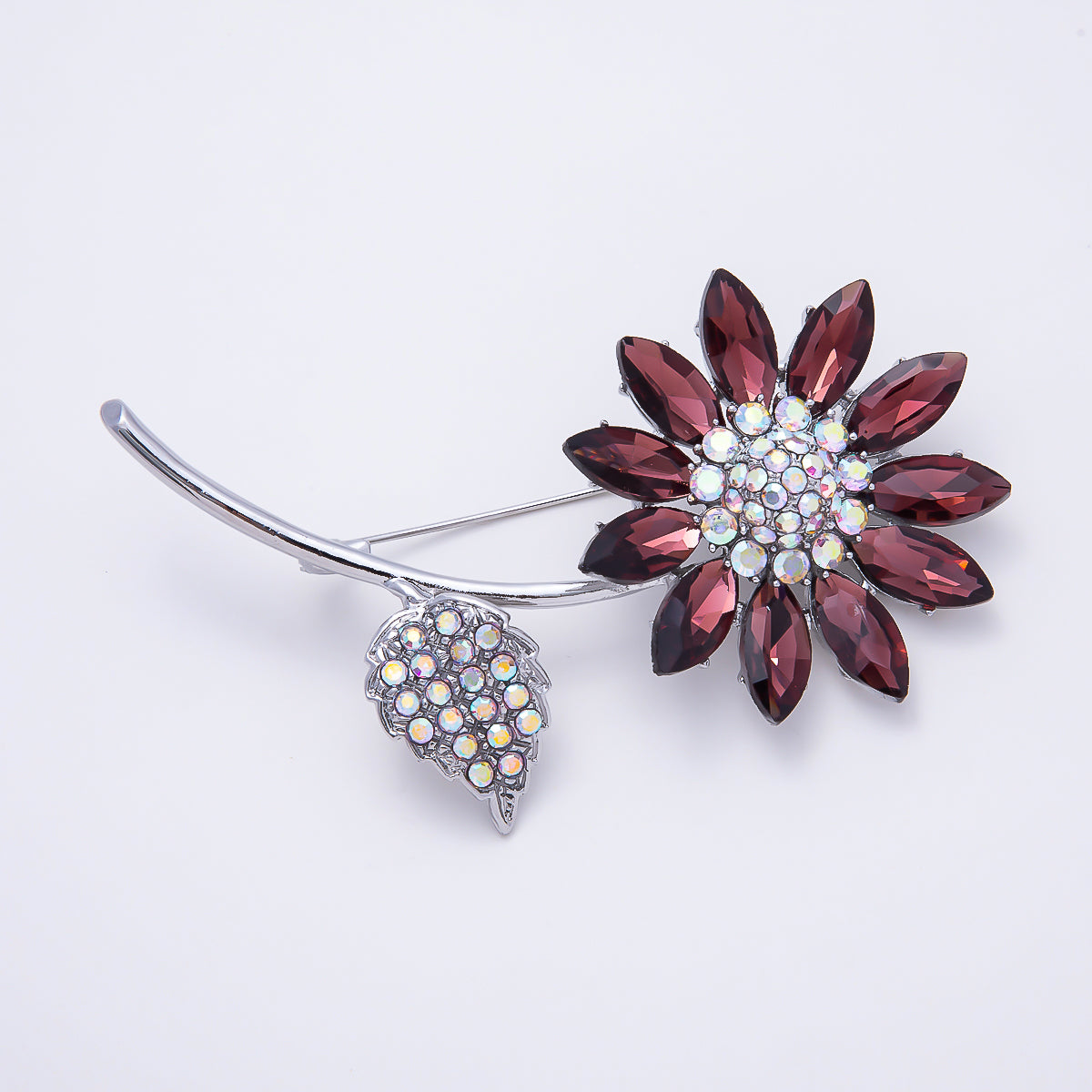 Silver 88mm Red Marquise Clear Iridescent Rhinestone Flower Plant Pin Brooch | BH-00190