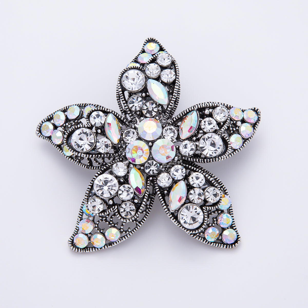 Vintage Silver 60mm Multi Cut Clear Iridescent Rhinestone Cluster Flower Pin Brooch | BH-00192