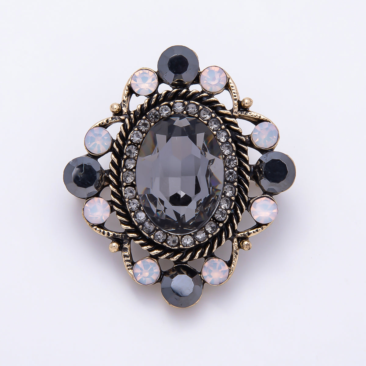 Vintage Gold 39mm Black Multicolor Rhinestone Oval Victorian Statement Pin Brooch | BH-00197