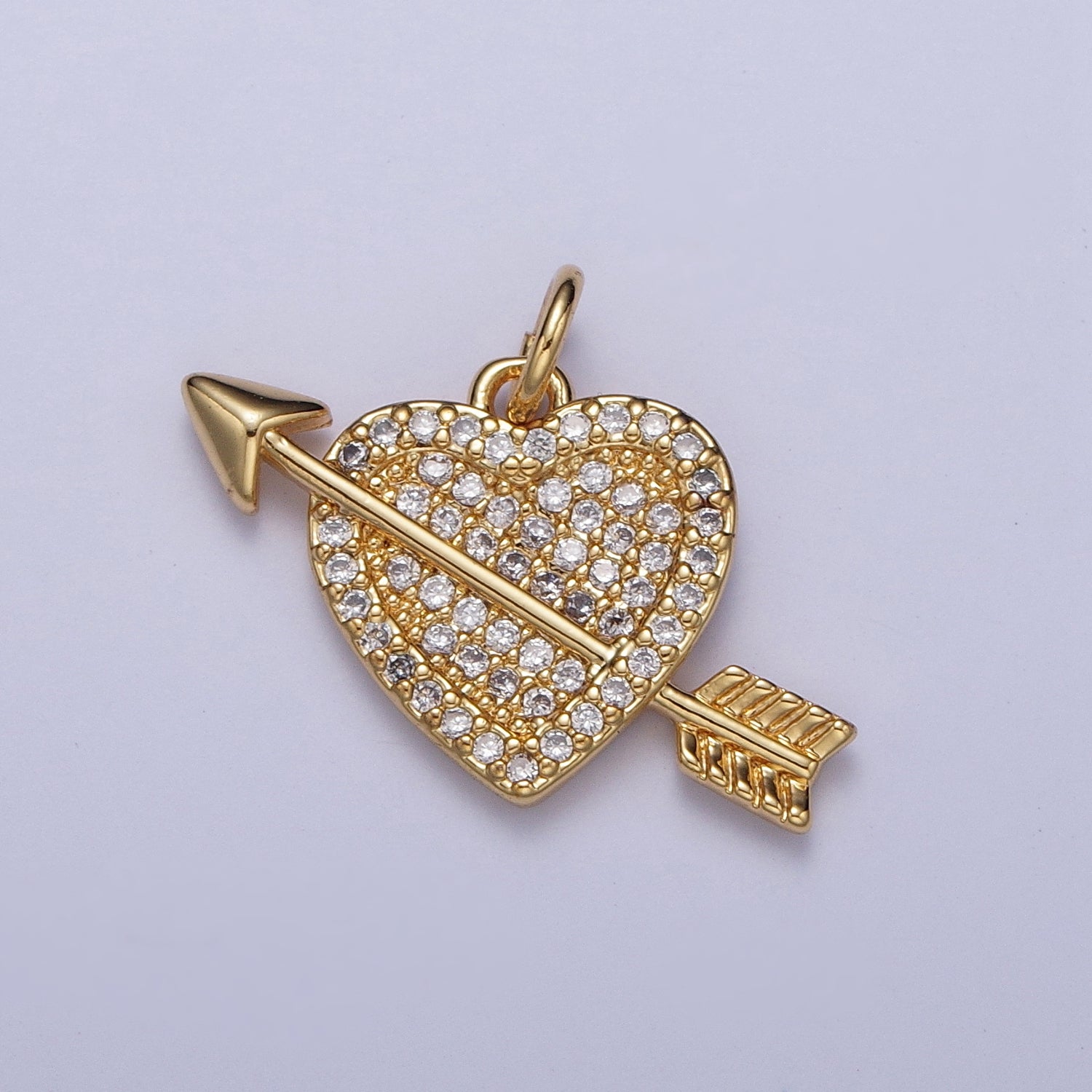 Micro Paved Fuchsia/Clear CZ Arrow Heart Gold Charm Valentine Pendant | C-791